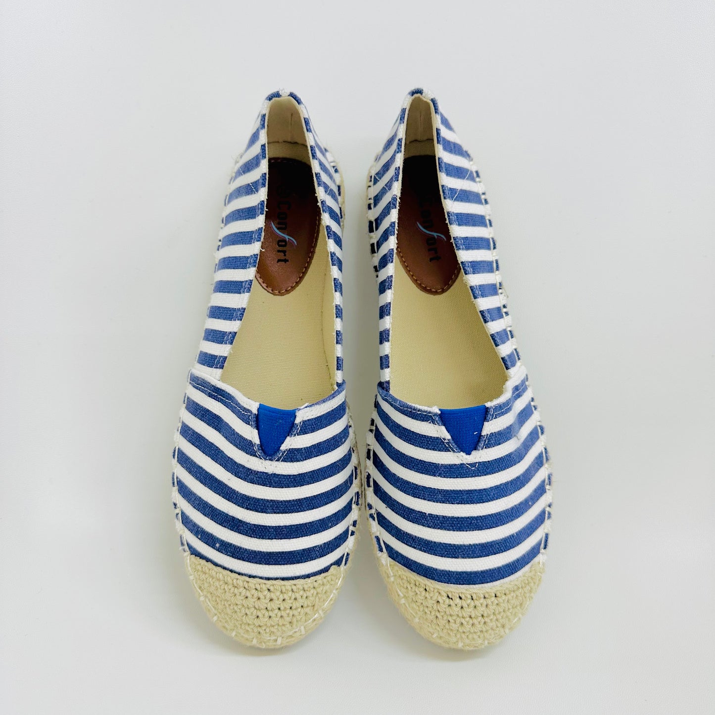 Alpargatas Femininas em Lona – Leves, Confortáveis e Estilosas – Azul Claro Listrado de Várias Cores com Linho Tecido de Palha Para verão