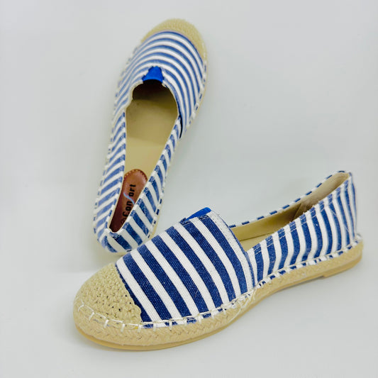 Alpargatas Femininas em Lona – Leves, Confortáveis e Estilosas – Azul Claro Listrado de Várias Cores com Linho Tecido de Palha Para verão