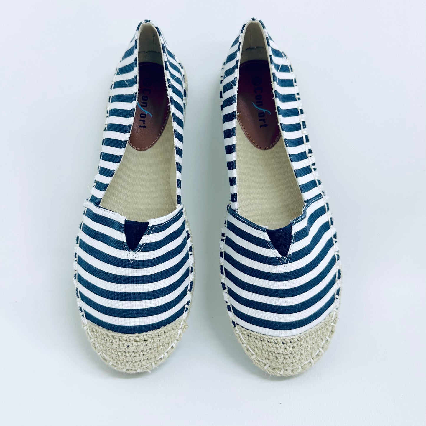 Alpargatas Femininas em Lona – Leves, Confortáveis e Estilosas – Azul Escuro Listrado de Várias Cores com Linho Tecido de Palha Para verão