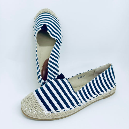 Alpargatas Femininas em Lona – Leves, Confortáveis e Estilosas – Azul Escuro Listrado de Várias Cores com Linho Tecido de Palha Para verão