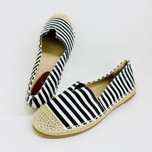 Alpargatas Femininas em Lona – Leves, Confortáveis e Estilosas – Preto Listrado de Várias Cores com Linho Tecido de Palha Para verão
